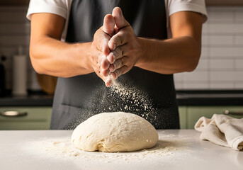 Obraz premium Baker dusting flour over dough preparing for bread making in kitchen