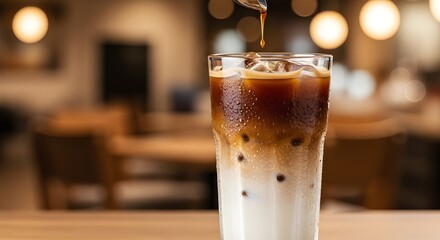An action shot of dark, rich espresso being poured into a tall glass of iced milk, creating an elegant swirl