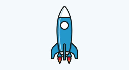 A blue cartoon rocket with a white tip, circular window, and red flames. Surrounded by white