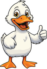 Cute cartoon duck giving thumbs up gesture, happy smiling bird character, cheerful animal mascot illustration for children, positivity and encouragement concept