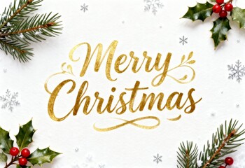 Golden handwritten Merry Christmas lettering with festive flourishes on white background