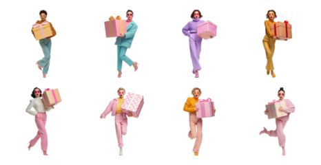 PNG Colorful joyful people carrying gifts, element set on transparent background