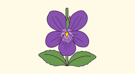 A stylized drawing of a violet flower, with purple petals, green leaves, and a yellow center
