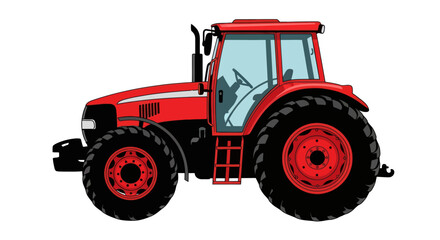 A vibrant red and black tractor illustration, side view, detailed design, on a white background
