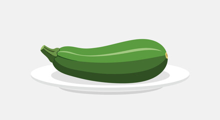 A single zucchini rests on a white plate against a light gray backdrop, side view