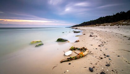 Long exposure shot of a tranquil beach scene at dusk, featuring smooth water, a sandy shore, and distant trees