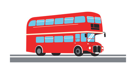 A two-story red vehicle with blue windows, on a gray road, simplified style