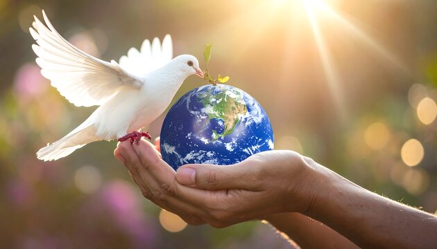 A serene image depicting a white dove, holding an olive branch, perched atop a miniature Earth globe held in outstretched hands, backlit by the sun - Powered by Adobe