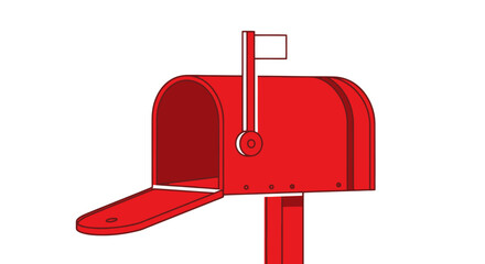 A stylized, open red mailbox with flag extended.  Designed to receive mail on a bright white background