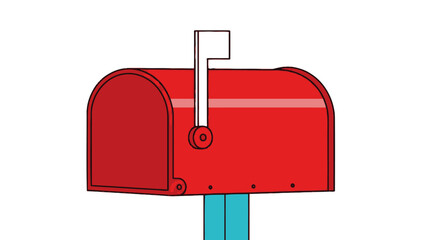 Cartoon illustration of a red mailbox with a raised white flag, mounted on blue posts