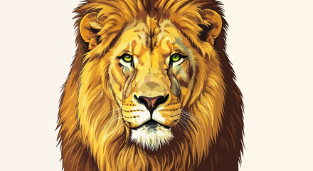 Majestic digital painting of a lion's head, featuring a detailed mane, green eyes, and a neutral background