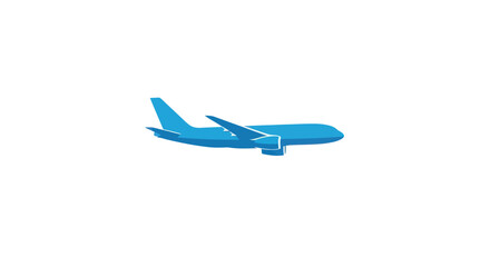 A stylized blue airplane against a white background, in a side profile view