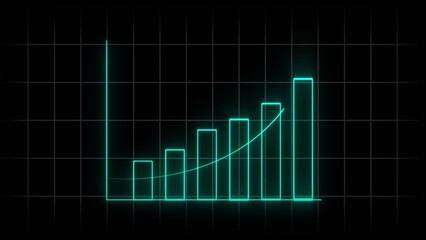 Teal Neon Bar Chart with Grid and Upward Trend Line Against Black Background graph rising