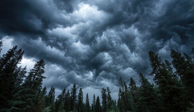 Dramatic storm clouds over a dark forest