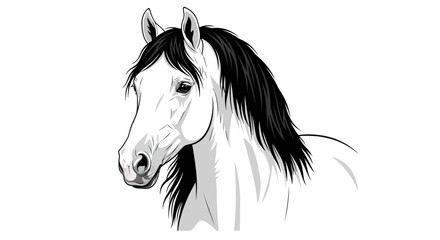Digital illustration of a horse head, white coat, black mane, and expressive eye
