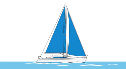 A minimalist illustration of a sailboat with blue sails on a light blue sea, white background