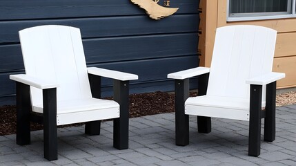 Pair of white adirondack chairs on a patio showcasing outdoor comfort