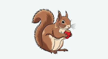 A brown cartoon squirrel holds a red nut, with a fluffy tail and a white background