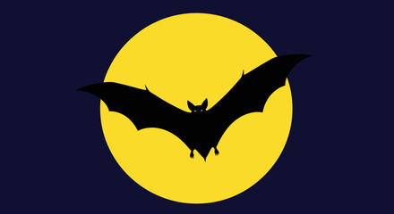 A black bat silhouetted against a bright yellow full moon in a dark blue night sky