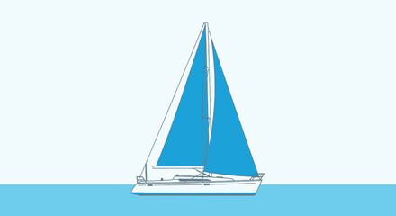 Simplified drawing of a sailboat with blue sails on a body of water, against a light backdrop