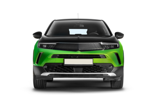 Studio capture of a green colored b-suv car, showcased against a transparent background, highlighting its design and features