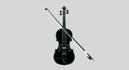A violin and bow in monochrome with a cyan outline, centered against a grey background © jons