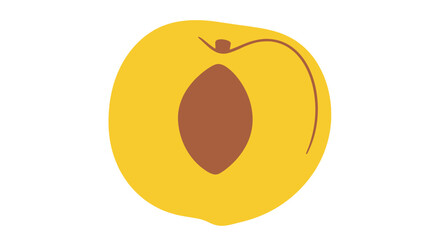 Fototapeta premium A stylized yellow peach cut in half, revealing a brown seed and brown stem
