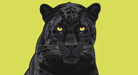 Close-up illustration of a black panther with yellow eyes on a bright yellow background