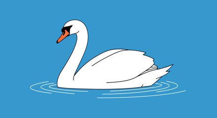 A minimalist, flat illustration of a swan gracefully floating on blue water, with ripples