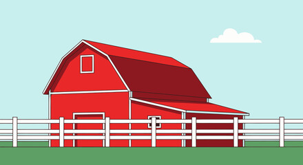 A vibrant red barn with white fence and a cloud, set against a pale blue sky and green ground