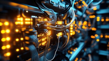 Illuminated server rack with numerous cables and connections.