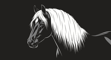 A digitally crafted black and white image of a horse, featuring a flowing white mane