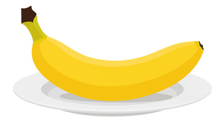 A ripe banana on a white plate. The banana is yellow with a brown tip and green stem