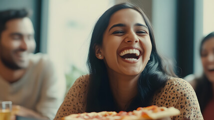 An Indian woman laughs at a funny joke while eating pizza with diverse coworkers in an office, as the friendly team enjoys their lunch break together.