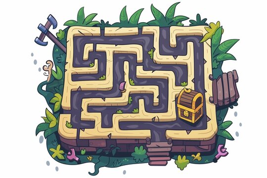 Cute cartoon maze puzzle with treasure chest at the exit, child-friendly playful style, white background.