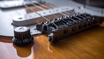 A close-up perspective showcasing the body and components of an electric musical instrument, capturing details like strings and controls