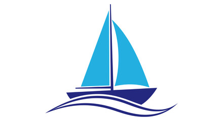A vector illustration of a sailboat with light blue sails, dark blue hull, and waves on a white background