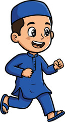 Happy Muslim boy running in blue traditional outfit, smiling cartoon character illustration for Eid celebration, isolated on white background art