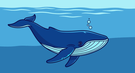 Fototapeta premium A blue whale, with a pixelated style, swims in the ocean, bubbles above