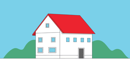 Simplified two-story house with red roof, light blue windows, grey door, and green hills against blue sky