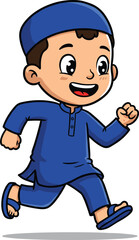 Happy Muslim boy running joyfully wearing blue traditional outfit, cheerful kid illustration celebrating Eid festival, isolated on white background cartoon art