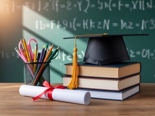 Achieve academic success with graduation cap, diploma, books, and colorful school supplies on a chalkboard background with math equations.