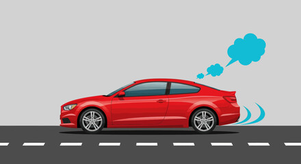 Fototapeta premium A red coupe car emits blue exhaust and motion trails while driving on a road
