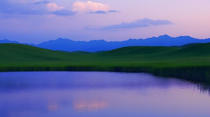 Serene landscape of green hills and mountain with a calm lake reflection