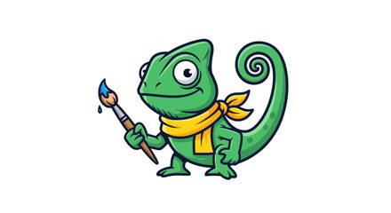 Green chameleon cartoon character holding a paintbrush with blue paint. It wears a yellow scarf