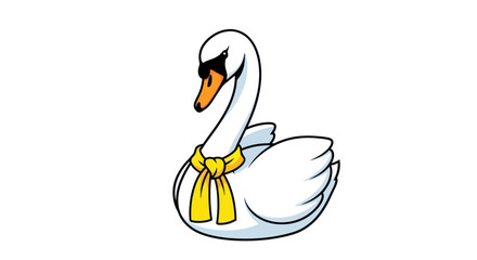 A cartoon swan with white feathers, a black eye, an orange beak, and a yellow scarf on a white background