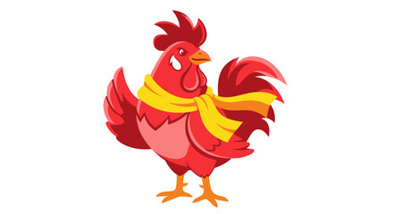 Vector cartoon illustration of a red rooster wearing a yellow scarf on a white background