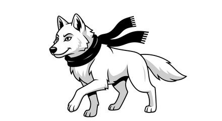 A monochrome illustration of a wolf, wearing a scarf, striding forward with a confident expression