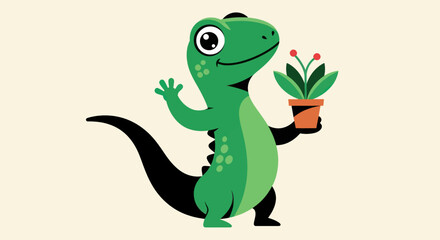 A green lizard with a welcoming gesture holds a potted plant with red berries