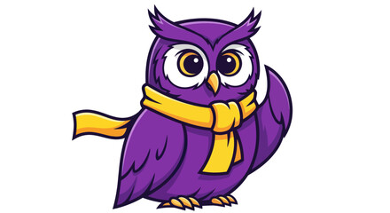 A cartoon owl wearing a yellow scarf. It has purple feathers and big eyes on a white background